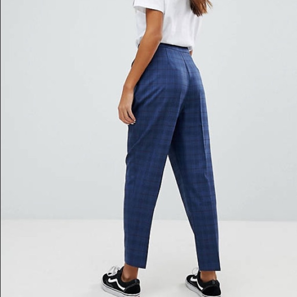 ASOS High Waist Trousers Blue Check Size 14